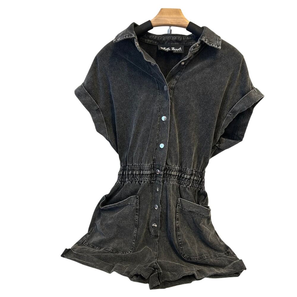White Birch pocket black denim mineral wash romper womens sz small